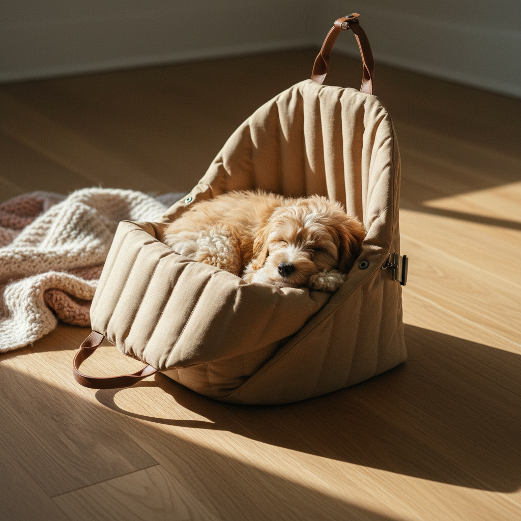Cavapoo puppy peeking out of H&H Copilot dog carrier, soft natural light